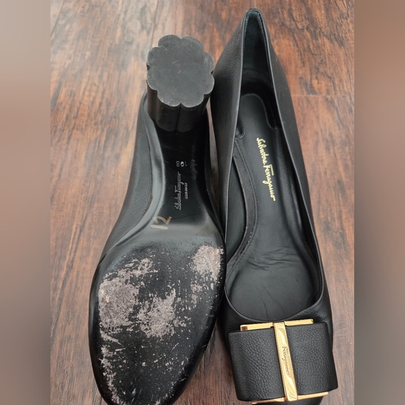 Salvatore Ferragamo Black Leather Heels with Gold Accents - Picture 9 of 10